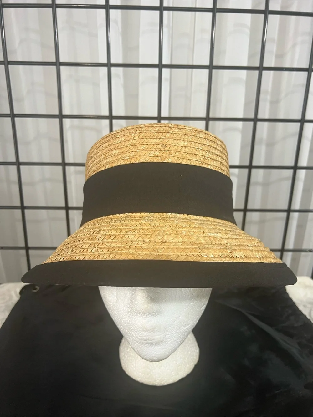 VINTAGE Macy’s Straw Bucket Hat with Black Bands and Bow